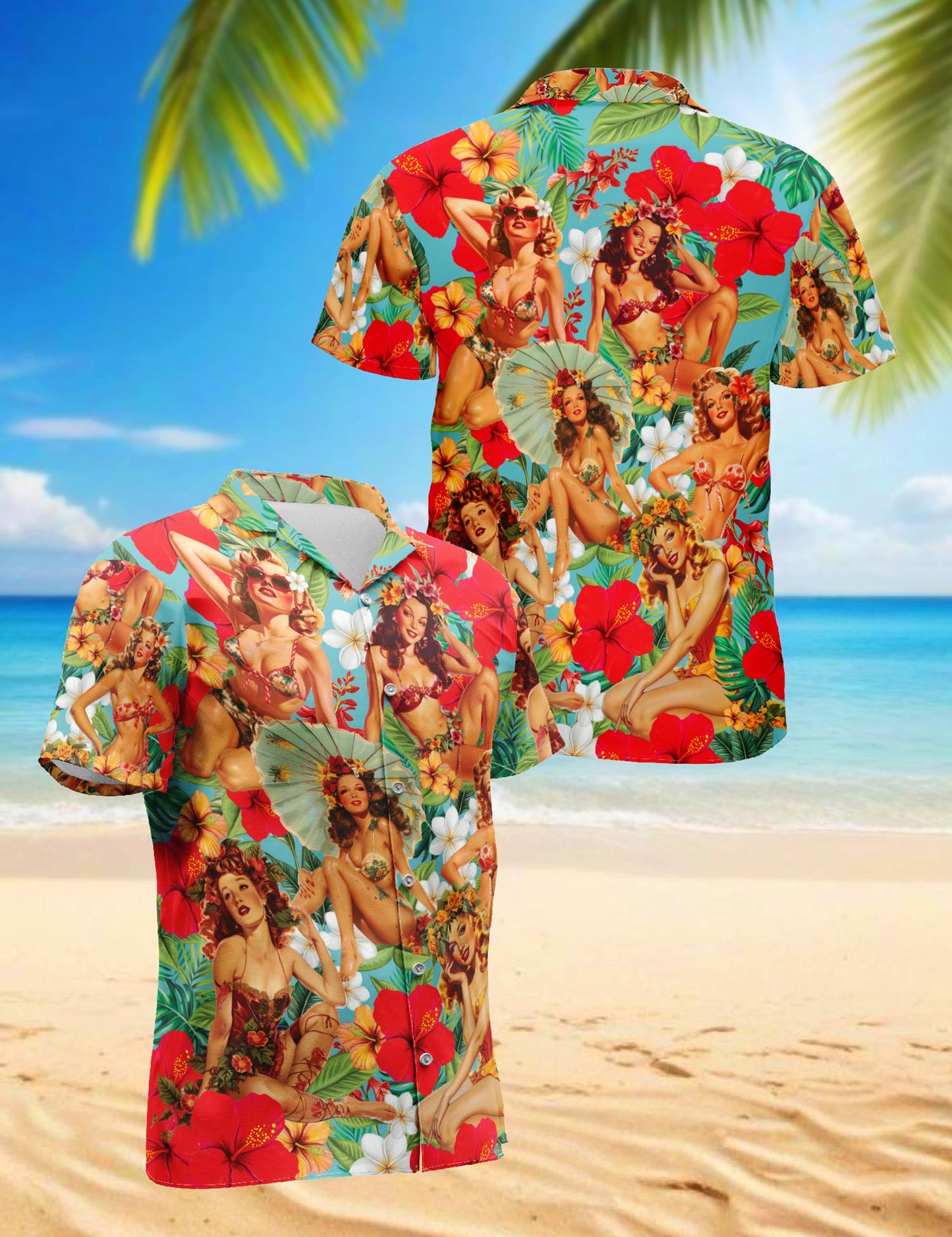 Netecom Tropical Pinup Girls Hawaiian Shirt for Men Women, Beautiful Sexy Girl Button Down Summer Aloha Beach Shirts, S-5XL