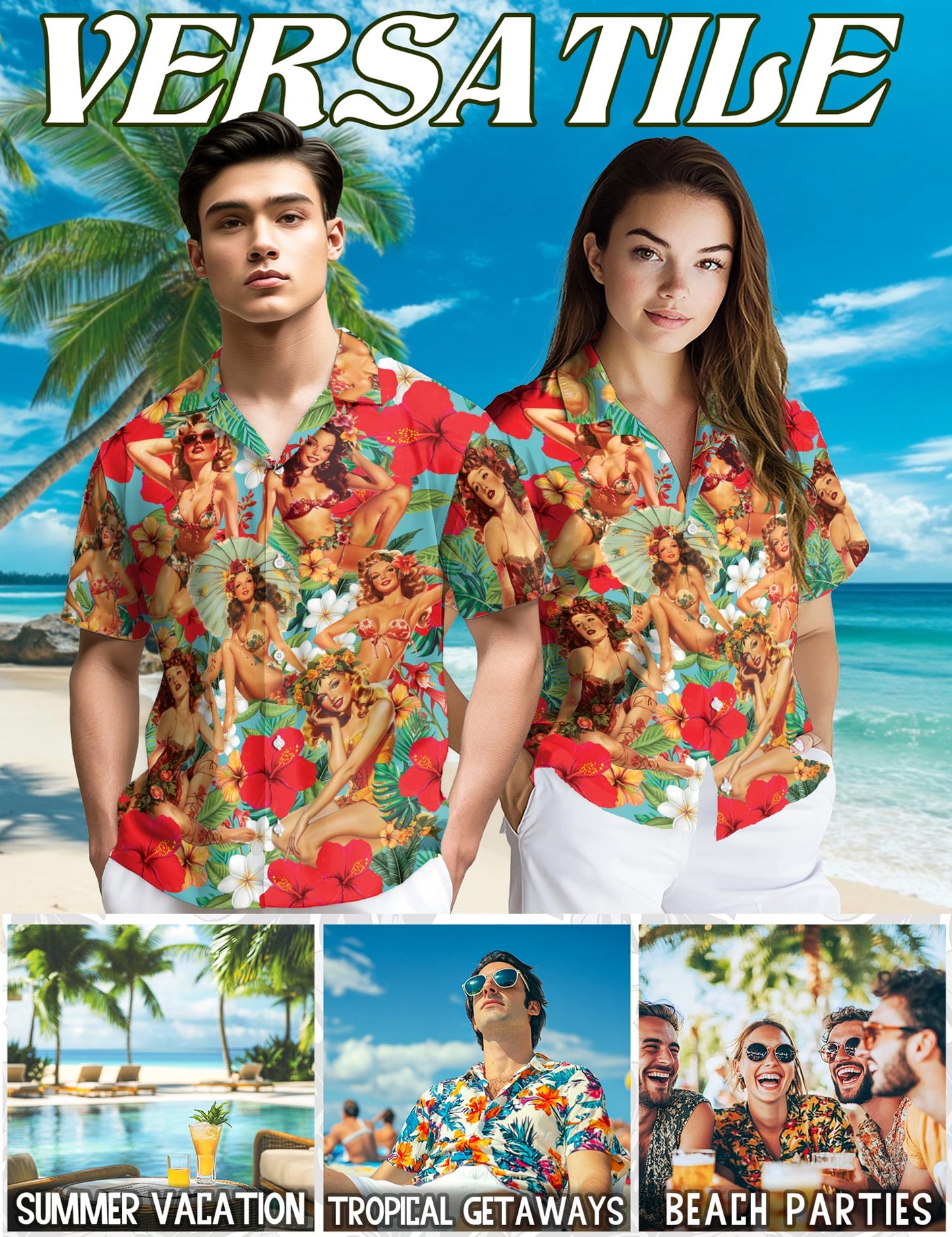 Netecom Tropical Pinup Girls Hawaiian Shirt for Men Women, Beautiful Sexy Girl Button Down Summer Aloha Beach Shirts, S-5XL