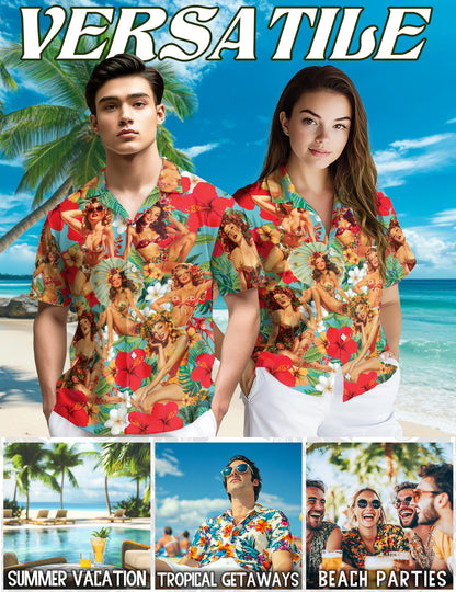 Netecom Tropical Pinup Girls Hawaiian Shirt for Men Women, Beautiful Sexy Girl Button Down Summer Aloha Beach Shirts, S-5XL