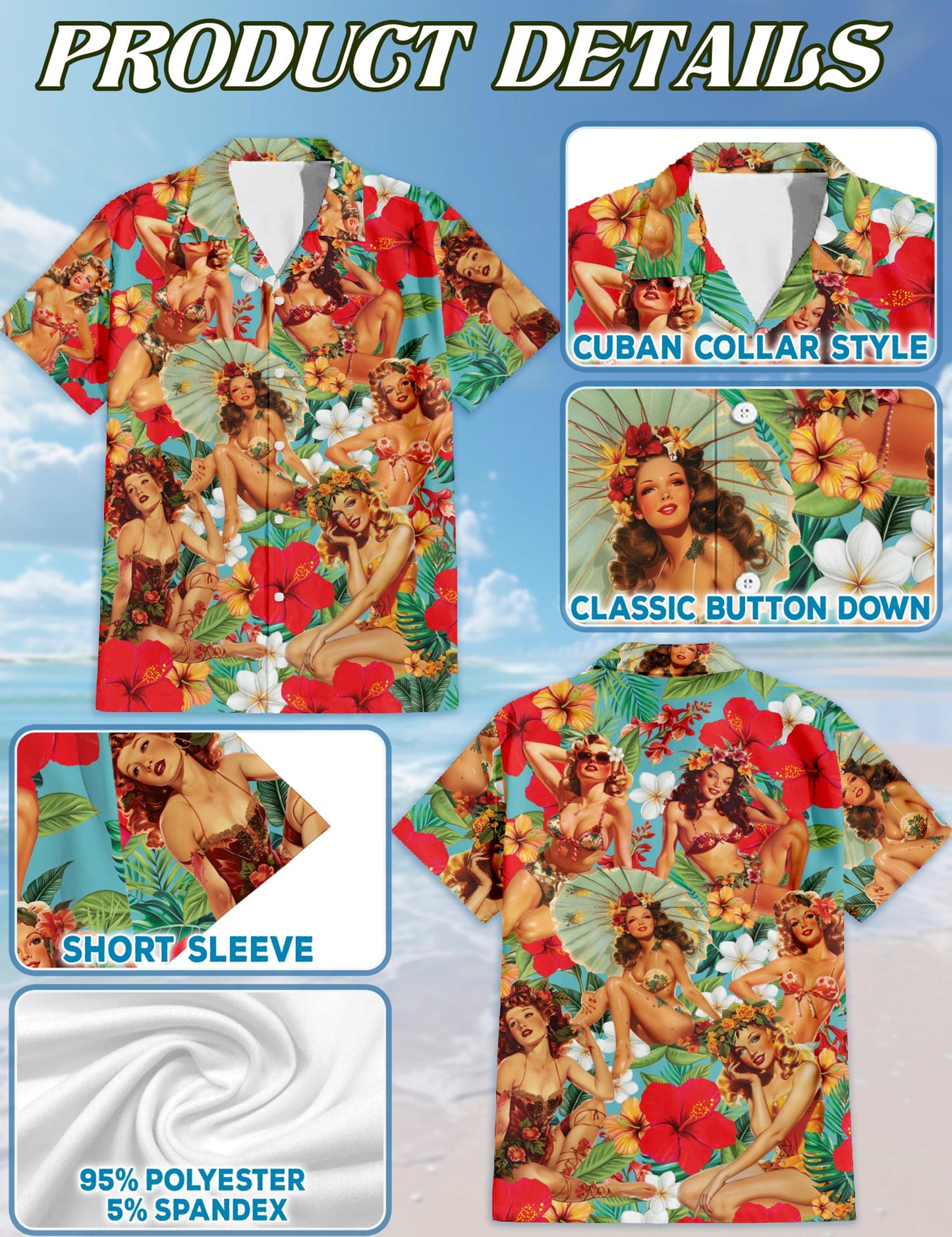 Netecom Tropical Pinup Girls Hawaiian Shirt for Men Women, Beautiful Sexy Girl Button Down Summer Aloha Beach Shirts, S-5XL