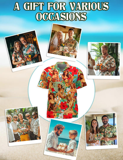 Netecom Tropical Pinup Girls Hawaiian Shirt for Men Women, Beautiful Sexy Girl Button Down Summer Aloha Beach Shirts, S-5XL