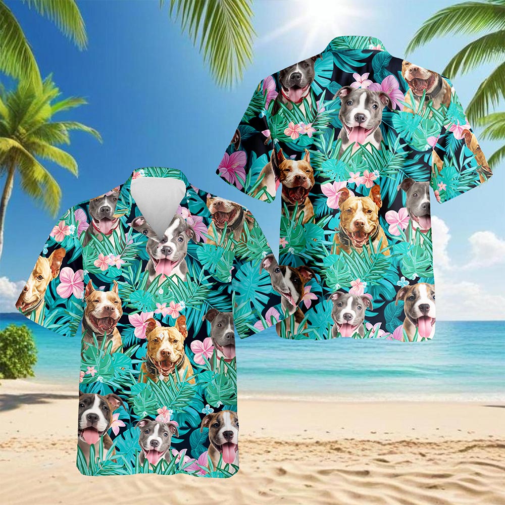 Netecom Tropical Pitbull Hibiscus Hawaiian Shirt for Men Women, Dog Lover Gifts, Floral Button Down Summer Beach Shirts, S-5XL