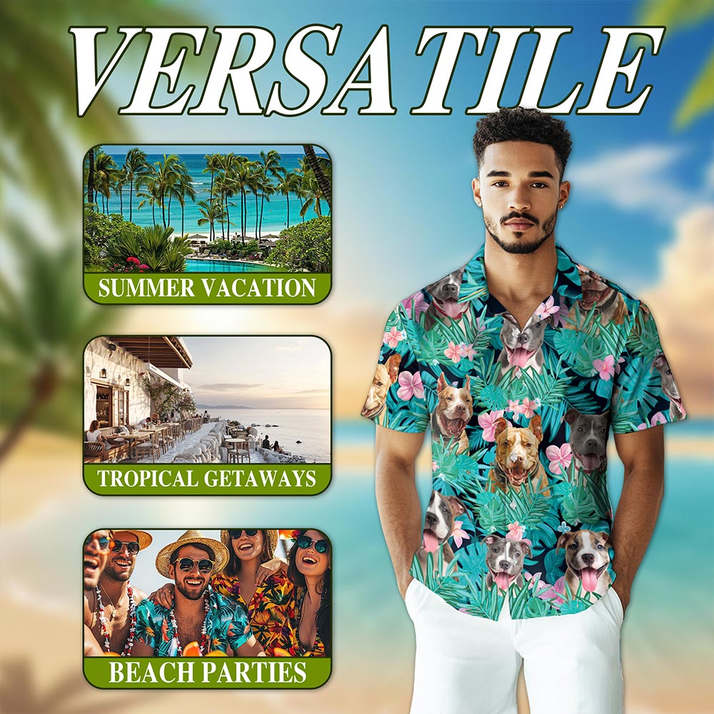 Netecom Tropical Pitbull Hibiscus Hawaiian Shirt for Men Women, Dog Lover Gifts, Floral Button Down Summer Beach Shirts, S-5XL