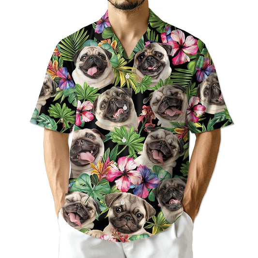 Netecom Tropical Pug Hawaiian Shirt for Men, Dog Lover Gift, Funny Animals Button Down Summer Beach Short Sleeve Shirts, S-5XL