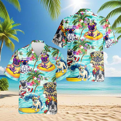 Netecom Tropical Pug Hawaiian Shirt for Men, Dog Lover Gifts, Animals Flowers Button Down Summer Aloha Beach Shirts, S-5XL