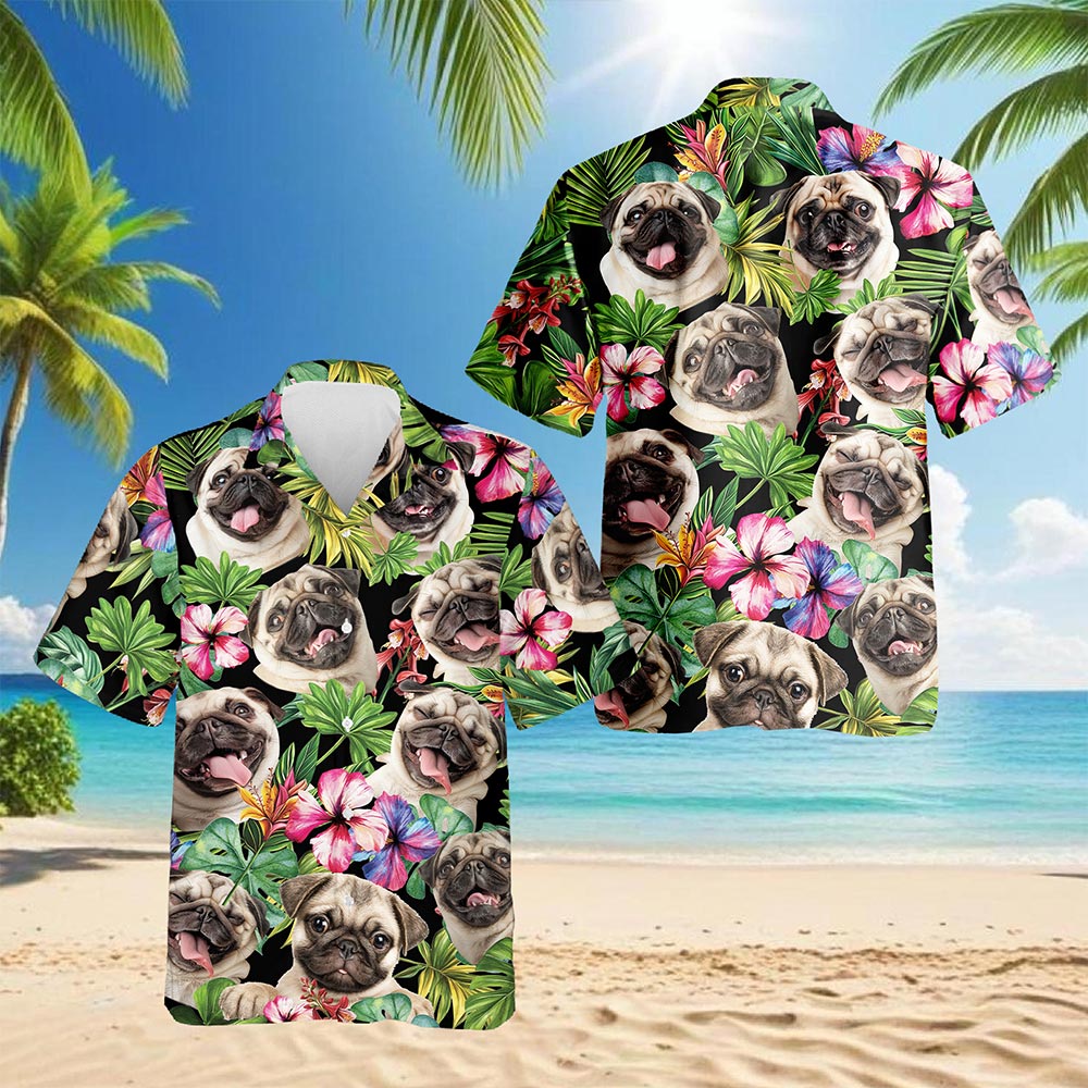 Netecom Tropical Pug Hawaiian Shirt for Men, Dog Lover Gift, Funny Animals Button Down Summer Beach Short Sleeve Shirts, S-5XL