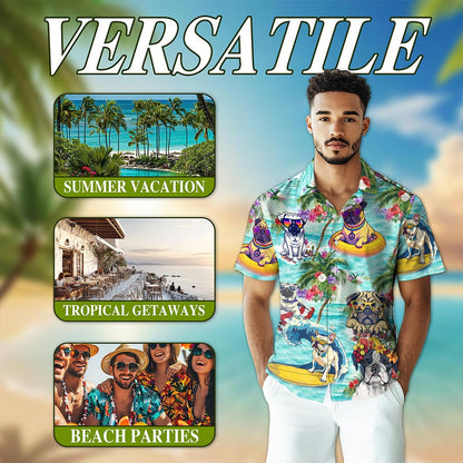 Netecom Tropical Pug Hawaiian Shirt for Men, Dog Lover Gifts, Animals Flowers Button Down Summer Aloha Beach Shirts, S-5XL