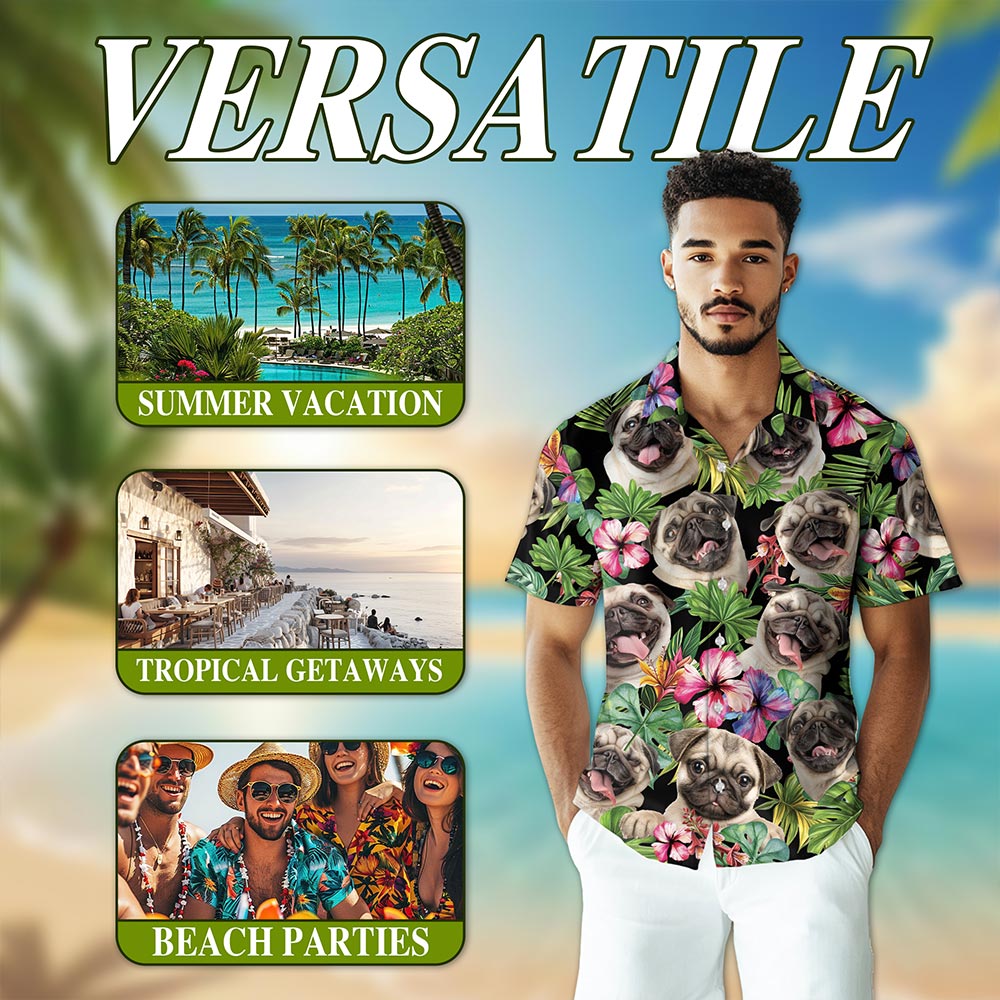 Netecom Tropical Pug Hawaiian Shirt for Men, Dog Lover Gift, Funny Animals Button Down Summer Beach Short Sleeve Shirts, S-5XL