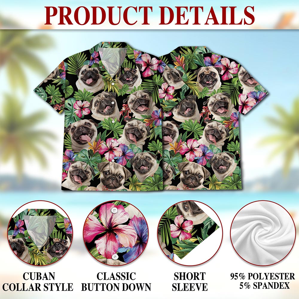 Netecom Tropical Pug Hawaiian Shirt for Men, Dog Lover Gift, Funny Animals Button Down Summer Beach Short Sleeve Shirts, S-5XL
