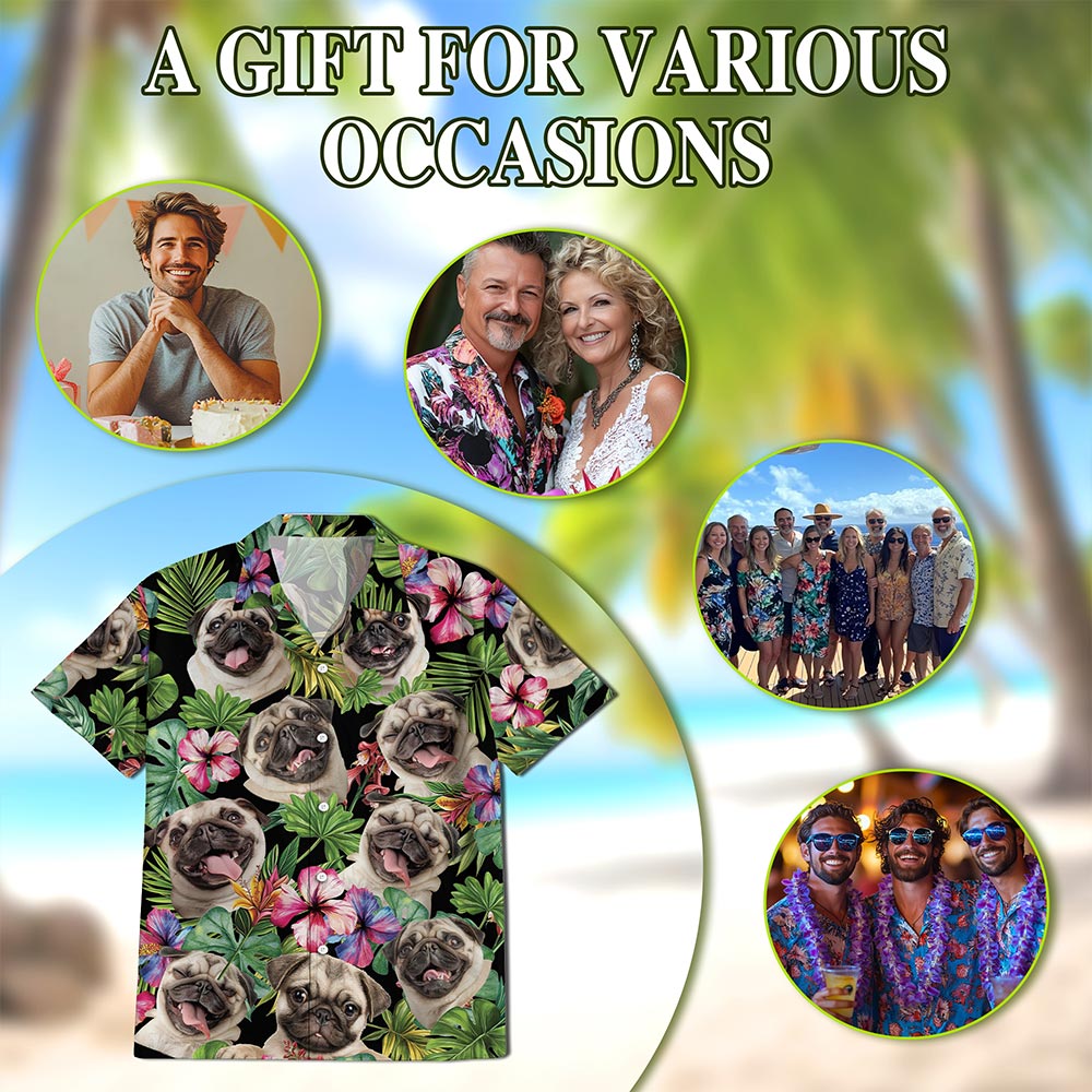 Netecom Tropical Pug Hawaiian Shirt for Men, Dog Lover Gift, Funny Animals Button Down Summer Beach Short Sleeve Shirts, S-5XL