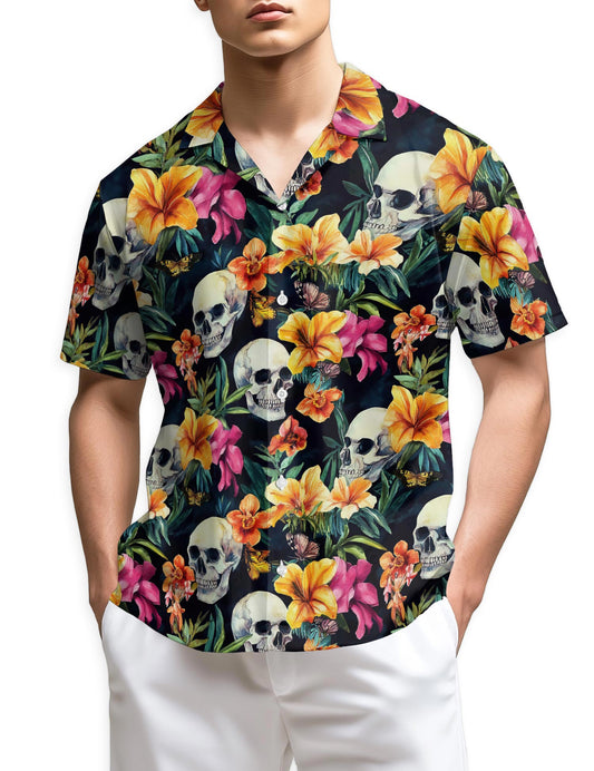 Netecom Tropical Skull Hawaiian Shirt for Men, Tropical Style, Button Down Summer Beach Short Sleeve, S-5XL