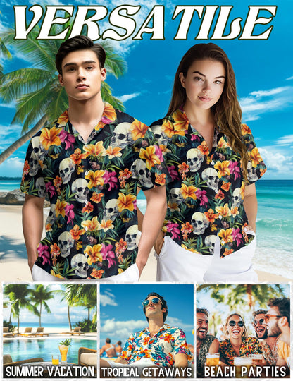 Netecom Tropical Skull Hawaiian Shirt for Men, Tropical Style, Button Down Summer Beach Short Sleeve, S-5XL