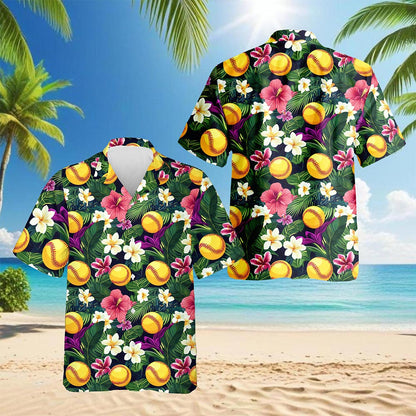 Netecom Tropical Softball Hawaiian Shirt for Men, Sporty Style, Button Down Summer Beach Short Sleeve, S-5XL