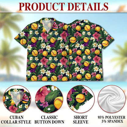 Netecom Tropical Softball Hawaiian Shirt for Men, Sporty Style, Button Down Summer Beach Short Sleeve, S-5XL