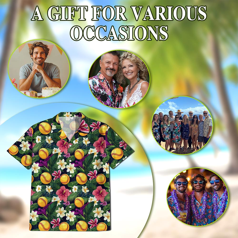 Netecom Tropical Softball Hawaiian Shirt for Men, Sporty Style, Button Down Summer Beach Short Sleeve, S-5XL