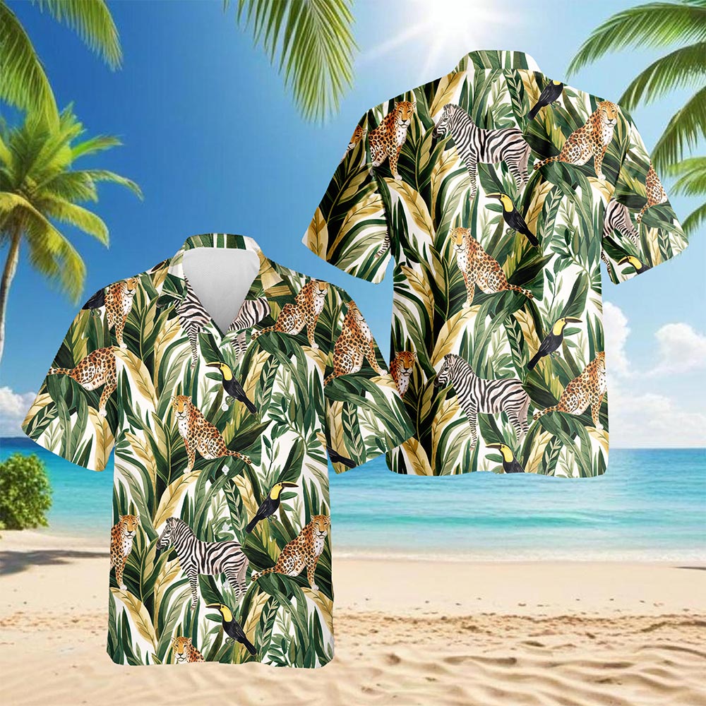 Netecom Tropical Summer Wild Animals Plants Hawaiian Shirt for Men, Button Down Summer Beach Short Sleeve, Tropical Style, S-5XL