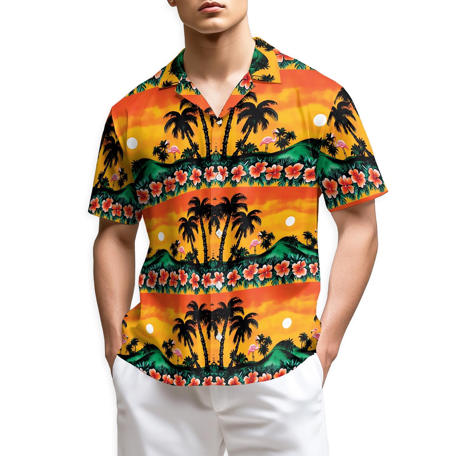 Netecom Tropical Sunset Flamingo Hawaiian Shirt for Men