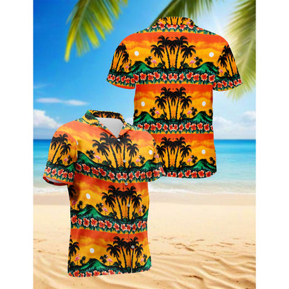 Netecom Tropical Sunset Flamingo Hawaiian Shirt for Men, Button Down Summer Beach Short Sleeve, Tropical Style, Sizes S-5XL