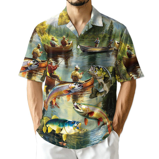 Netecom Trout Fishing Hawaiian Shirt for Men, Button Down Summer Beach Short Sleeve, S-5XL
