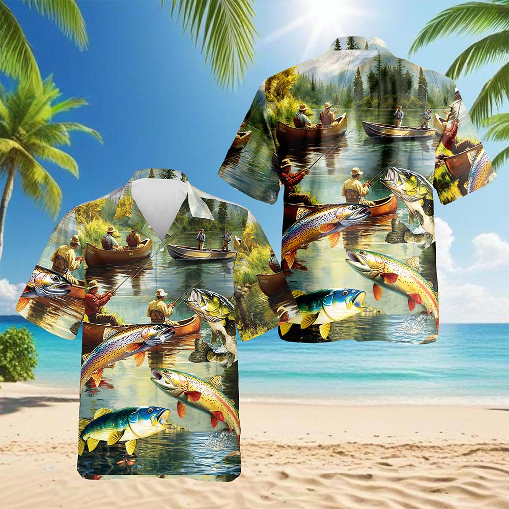 Netecom Trout Fishing Hawaiian Shirt for Men, Button Down Summer Beach Short Sleeve, S-5XL