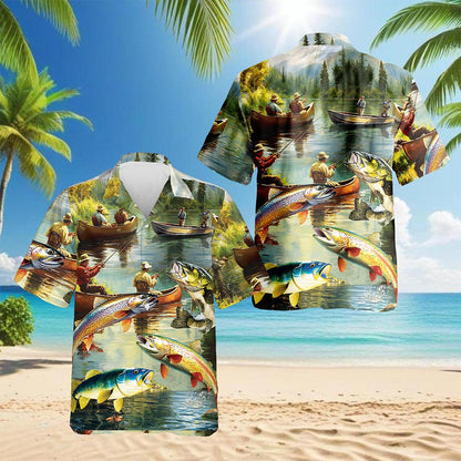 Netecom Trout Fishing Hawaiian Shirt for Men, Button Down Summer Beach Short Sleeve, S-5XL