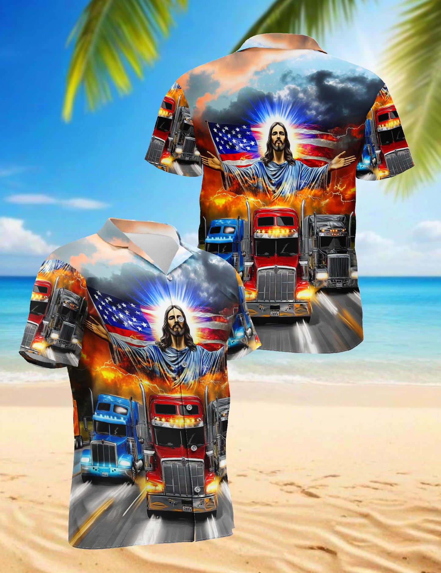 Netecom Truck Driver Jesus Bless Hawaiian Shirt for Men, Button Down Summer Beach Short Sleeve, S-5XL