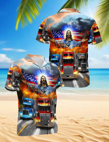 Netecom Truck Driver Jesus Bless Hawaiian Shirt for Men, Button Down Summer Beach Short Sleeve, S-5XL