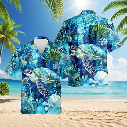 Netecom Turtle Coral Hawaiian Shirt for Men, Button Down Summer Beach Short Sleeve, Ocean Lover Gift, Sizes S-5XL