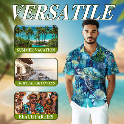Netecom Turtle Coral Hawaiian Shirt for Men, Button Down Summer Beach Short Sleeve, Ocean Lover Gift, Sizes S-5XL