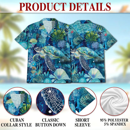 Netecom Turtle Coral Hawaiian Shirt for Men, Button Down Summer Beach Short Sleeve, Ocean Lover Gift, Sizes S-5XL