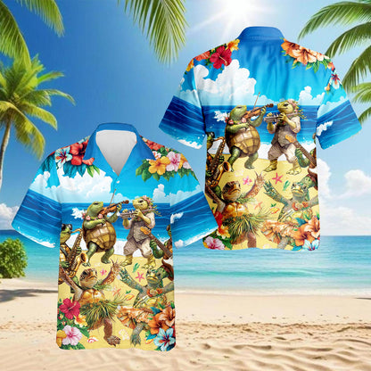 Netecom Turtle Playing Musical Instrument Hawaiian Shirt for Men, Button Down Summer Beach Short Sleeve, Tropical Style, S-5XL