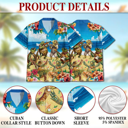 Netecom Turtle Playing Musical Instrument Hawaiian Shirt for Men, Button Down Summer Beach Short Sleeve, Tropical Style, S-5XL