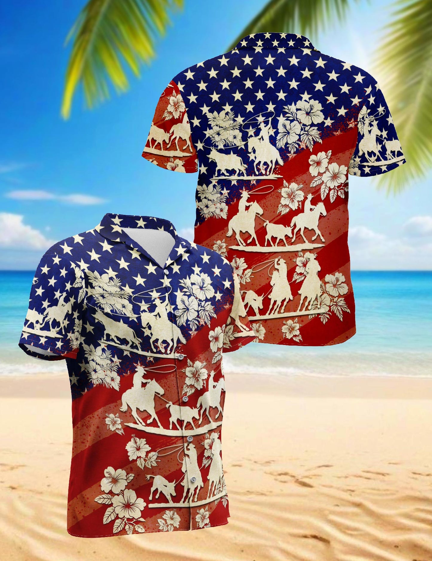 Netecom US Team Roping Hawaiian Shirt for Men, Western Rodeo Style, Button Down Summer Beach Short Sleeve, S-5XL