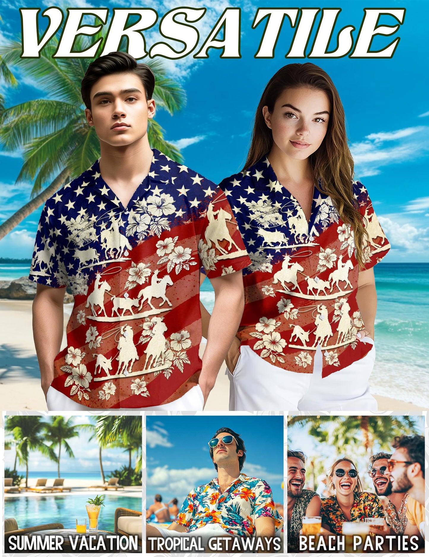 Netecom US Team Roping Hawaiian Shirt for Men, Western Rodeo Style, Button Down Summer Beach Short Sleeve, S-5XL