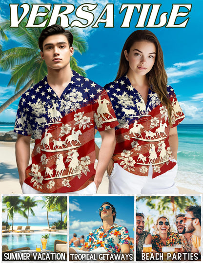 Netecom US Team Roping Hawaiian Shirt for Men, Western Rodeo Style, Button Down Summer Beach Short Sleeve, S-5XL