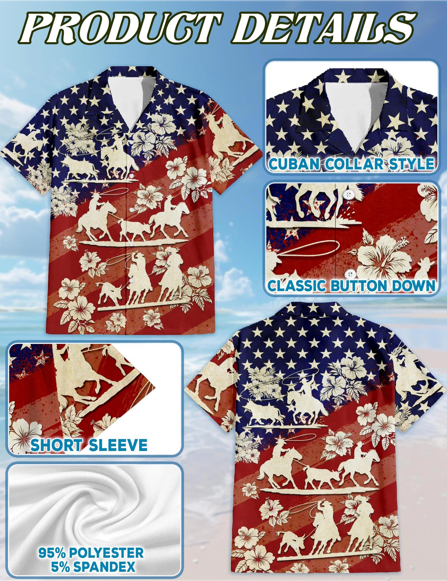 Netecom US Team Roping Hawaiian Shirt for Men, Western Rodeo Style, Button Down Summer Beach Short Sleeve, S-5XL