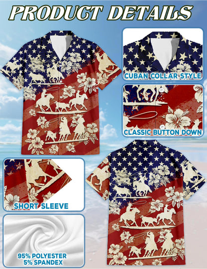 Netecom US Team Roping Hawaiian Shirt for Men, Western Rodeo Style, Button Down Summer Beach Short Sleeve, S-5XL