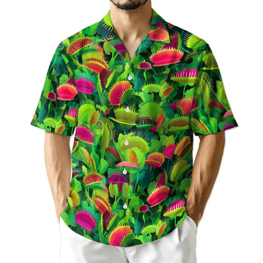 Netecom Venus Flytrap Hawaiian Shirt for Men, Plant Lover Gifts, Button Down Summer Beach Short Sleeve, S-5XL