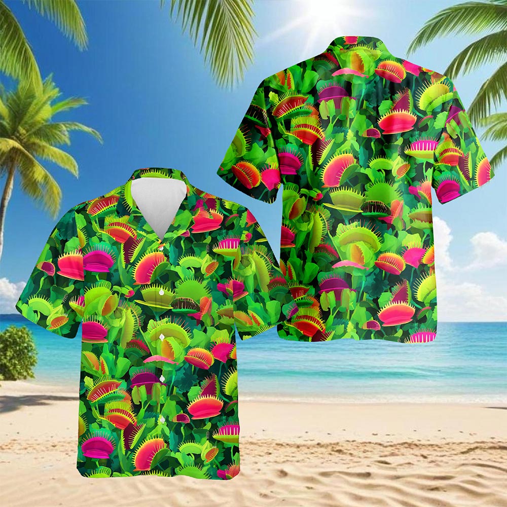 Netecom Venus Flytrap Hawaiian Shirt for Men, Plant Lover Gifts, Button Down Summer Beach Short Sleeve, S-5XL