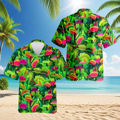 Netecom Venus Flytrap Hawaiian Shirt for Men, Plant Lover Gifts, Button Down Summer Beach Short Sleeve, S-5XL