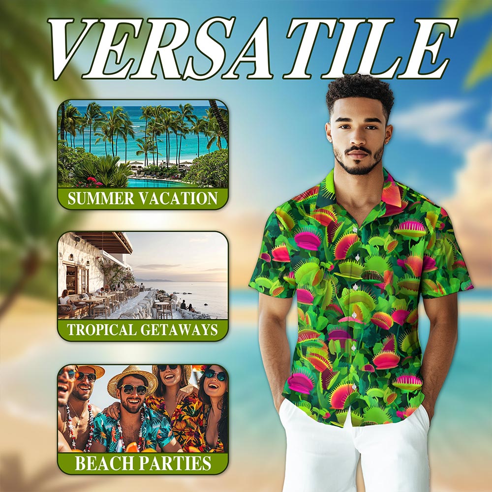 Netecom Venus Flytrap Hawaiian Shirt for Men, Plant Lover Gifts, Button Down Summer Beach Short Sleeve, S-5XL