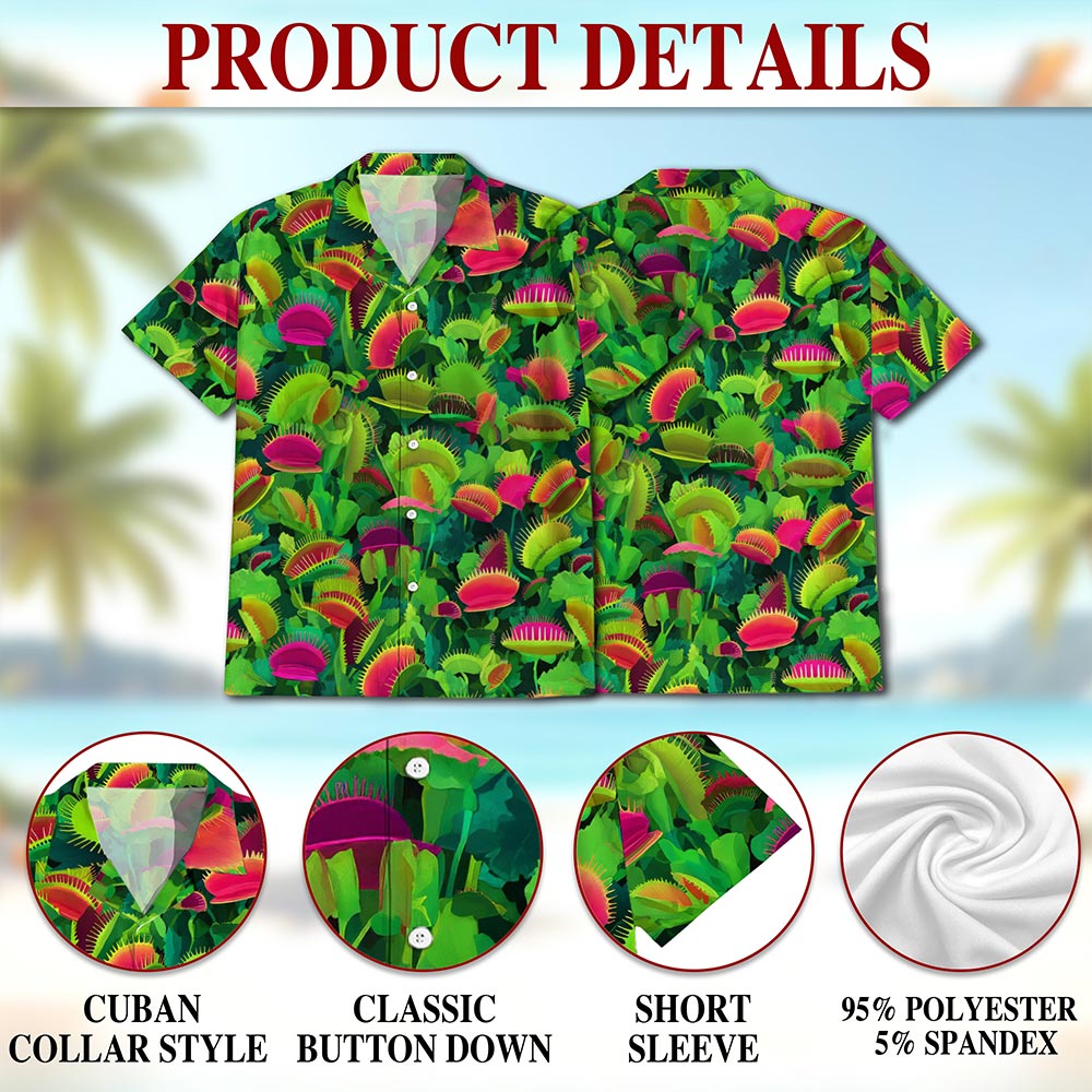 Netecom Venus Flytrap Hawaiian Shirt for Men, Plant Lover Gifts, Button Down Summer Beach Short Sleeve, S-5XL