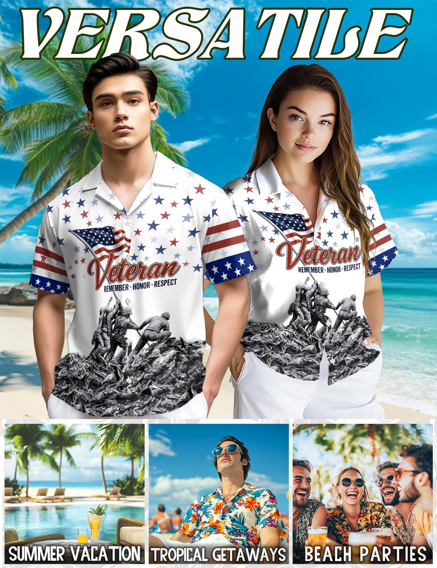 Netecom Veteran 4th July Hawaiian Shirt for Men, Patriotic Style, Button Down Summer Beach Short Sleeve, S-5XL