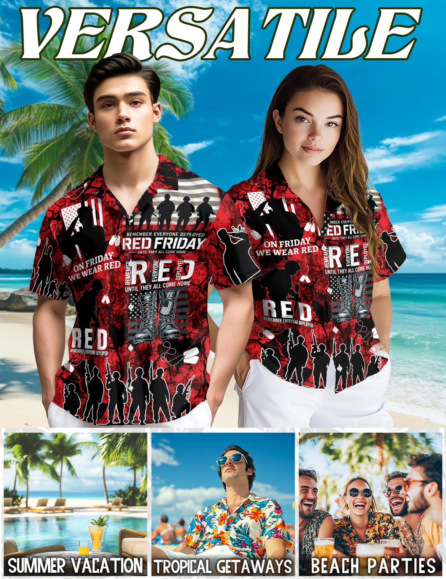 Netecom Veteran Red Friday Hawaiian Shirt for Men, Patriotic Style, Button Down Summer Beach Short Sleeve, S-5XL