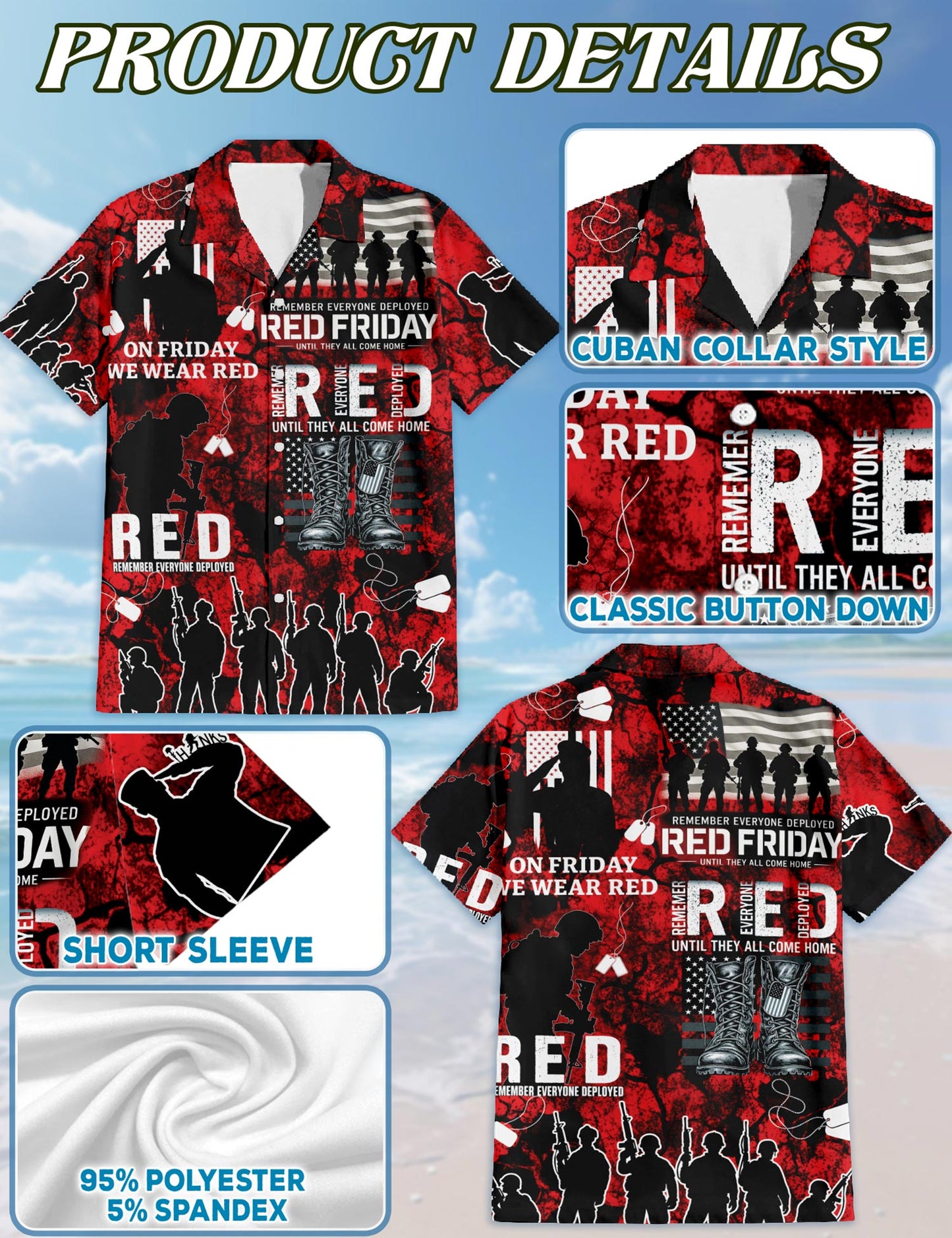 Netecom Veteran Red Friday Hawaiian Shirt for Men, Patriotic Style, Button Down Summer Beach Short Sleeve, S-5XL