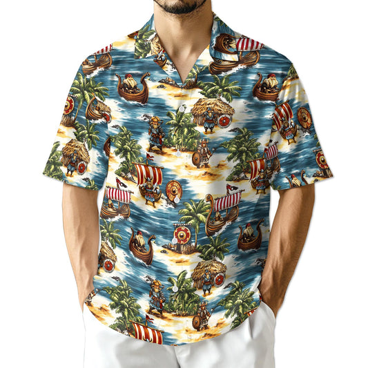 Netecom Viking Hawaiian Shirt for Men, Tropical Style, Button Down Summer Beach Short Sleeve, S-5XL