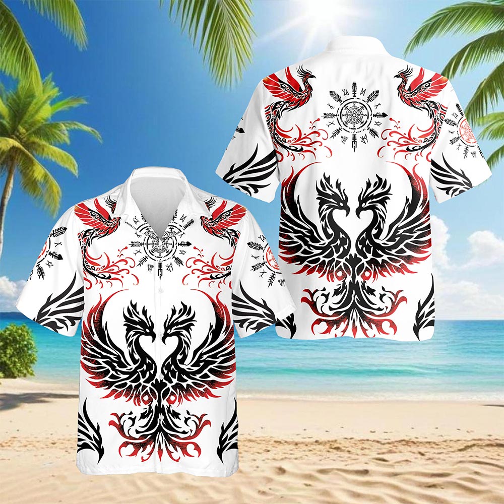Netecom Viking Phoenix Hawaiian Shirt for Men, Mythical Bird Button Down Summer Beach Short Sleeve, S-5XL