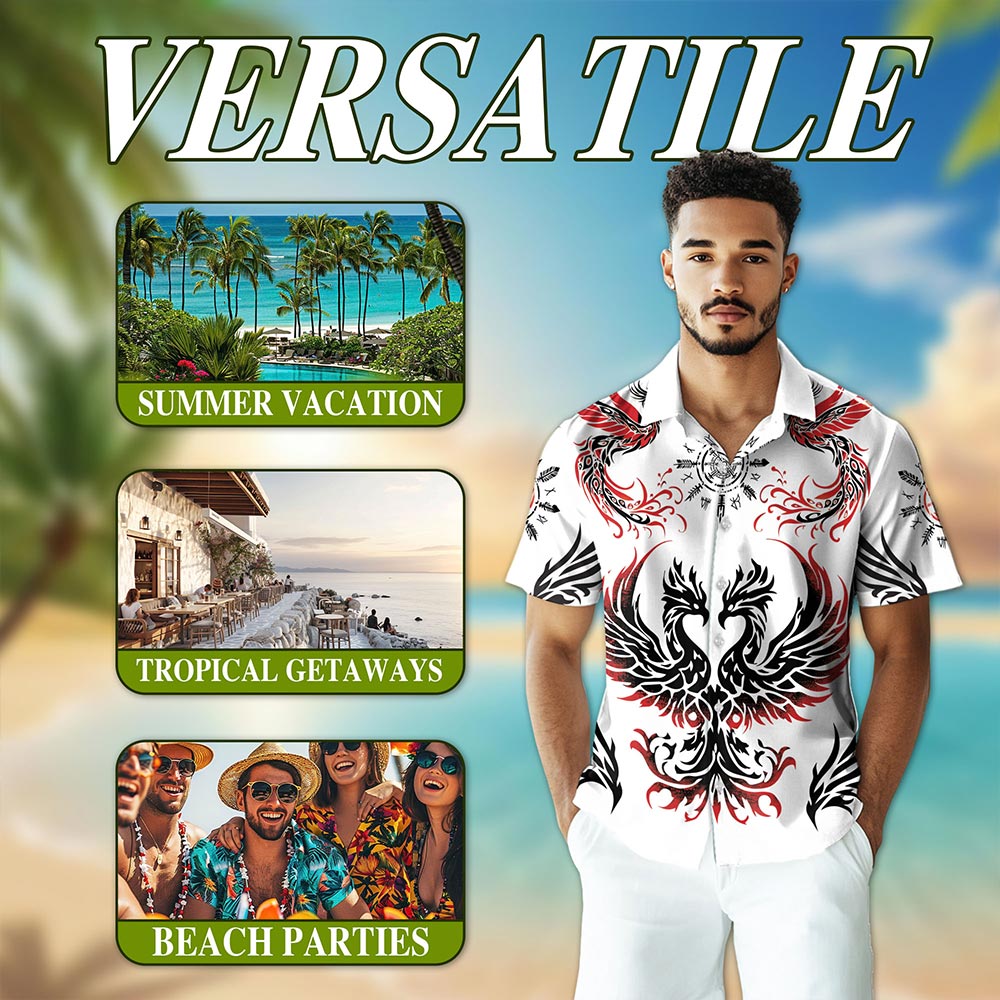 Netecom Viking Phoenix Hawaiian Shirt for Men, Mythical Bird Button Down Summer Beach Short Sleeve, S-5XL