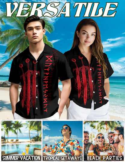 Netecom Viking Sword Hawaiian Shirt for Men, Button Down Summer Beach Short Sleeve, Vintage Style, Sizes S-5XL