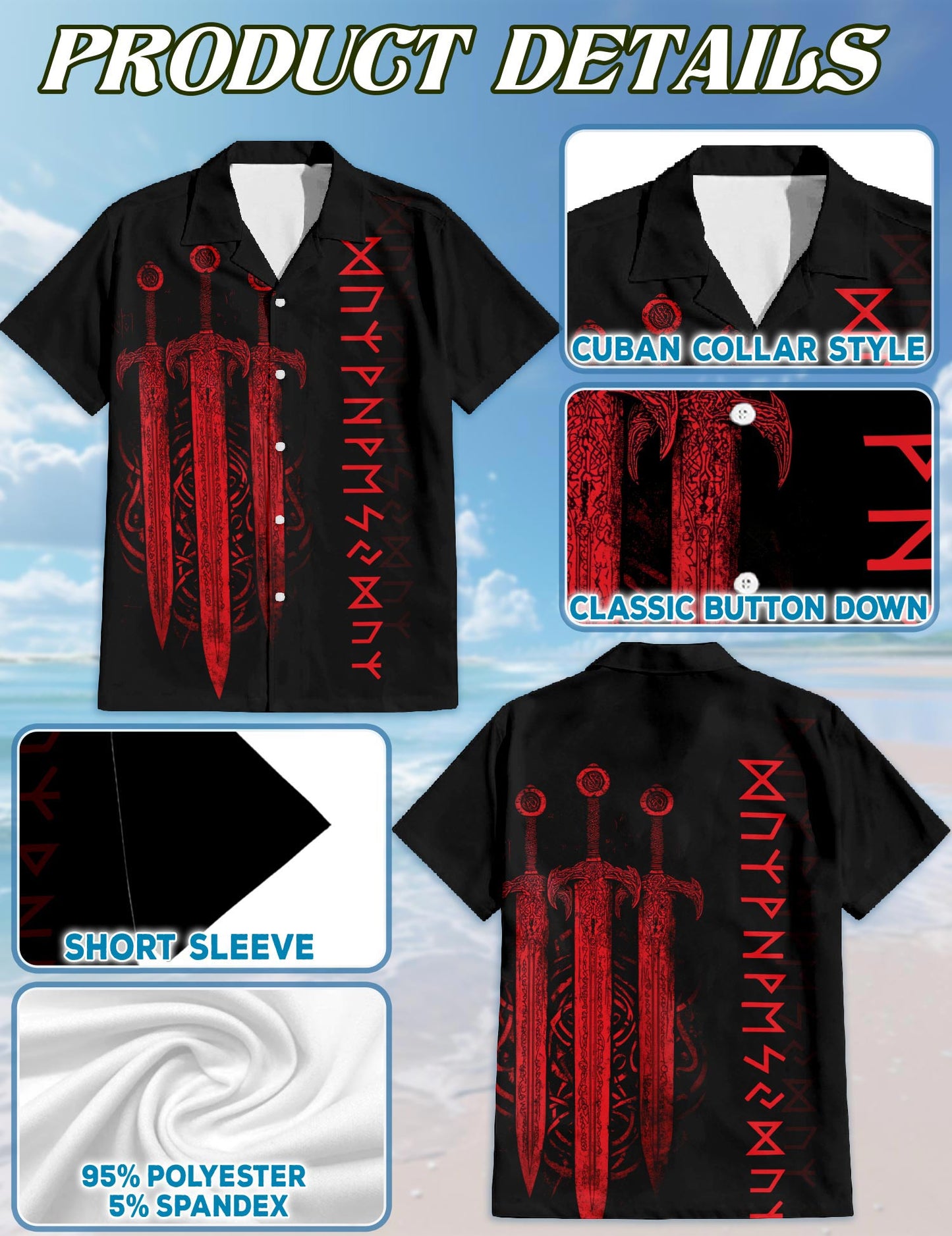 Netecom Viking Sword Hawaiian Shirt for Men, Button Down Summer Beach Short Sleeve, Vintage Style, Sizes S-5XL